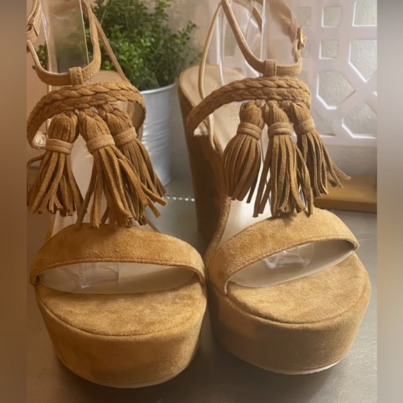 Stuart Weitzman Tassel Suede Wedge Sandals - Picture 2 of 9